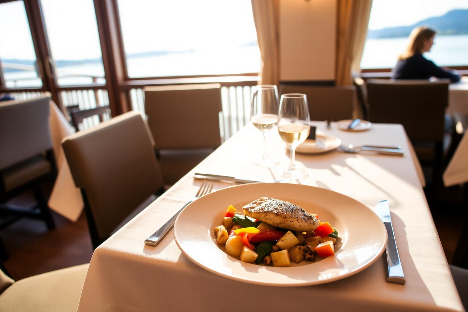 Frisches Gericht im Restaurant mit Seeblick